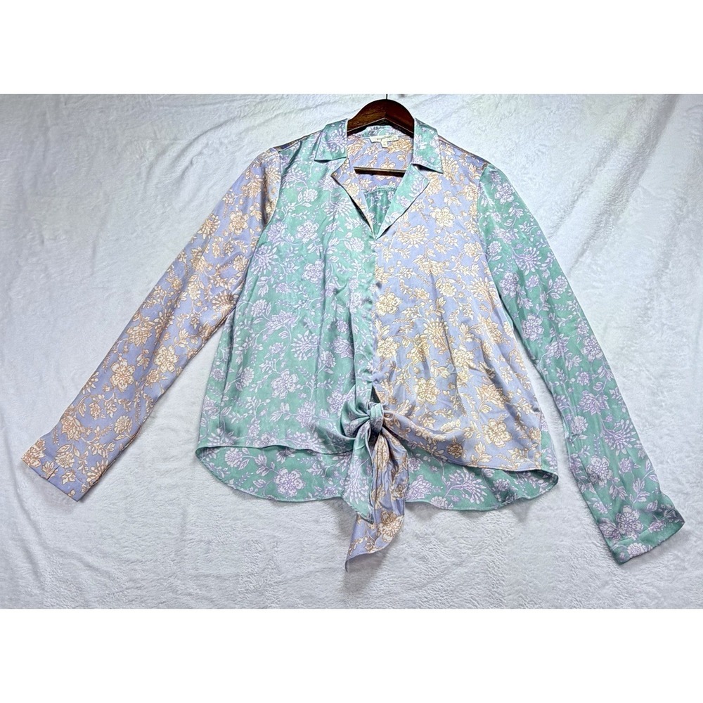 Mystree Boho Floral Tie Front Colorblock Blouse Size Medium Pastel Lilac Mint